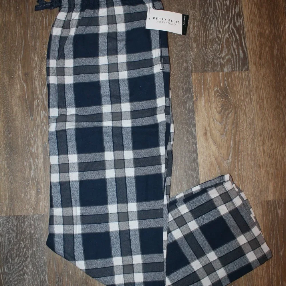 NWT PERRY ELLIS MEN'S‎ COTTON FLANNEL PAJAMA PLAID PANTS BLUE GRAY XL